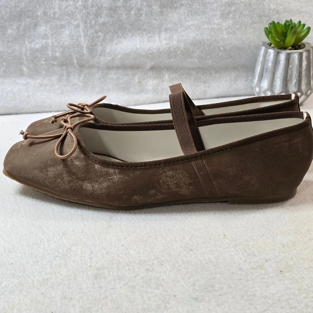 Oasis Society Brown Velvet Ballet Flats Mary Jane Vegan Leather Bow Shoes US 8.5